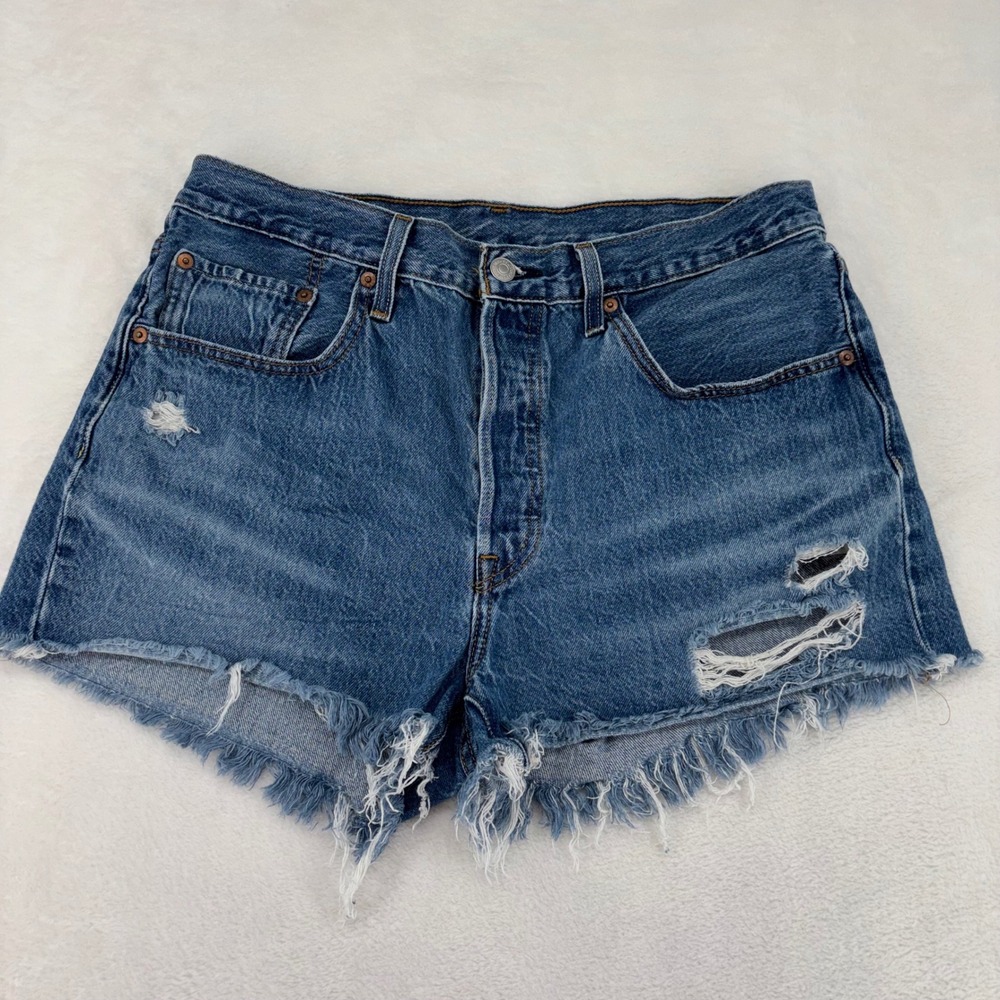 Levi's 501 Original Distressed Denim Shorts Medium Wash W31 High Rise Cut Off